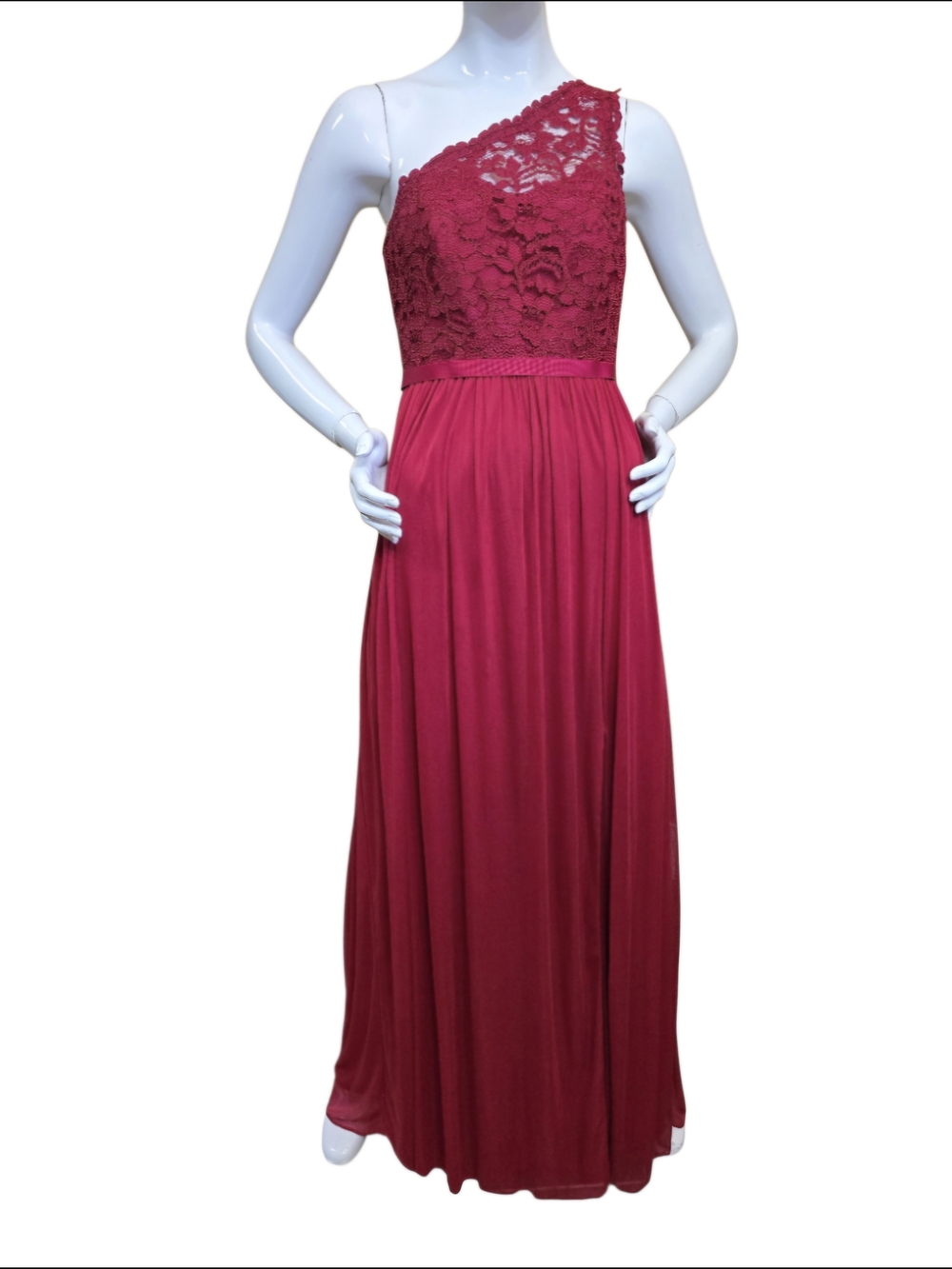 David’s Bridal Apple Red One Shoulder Lace Chiffon Maxi Bridesmaid Dress 6 EUC